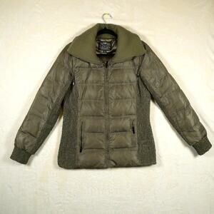 Blanc Noir Quilted Down Puffer Jacket Size M Aviator Collar Olive Green Luxe